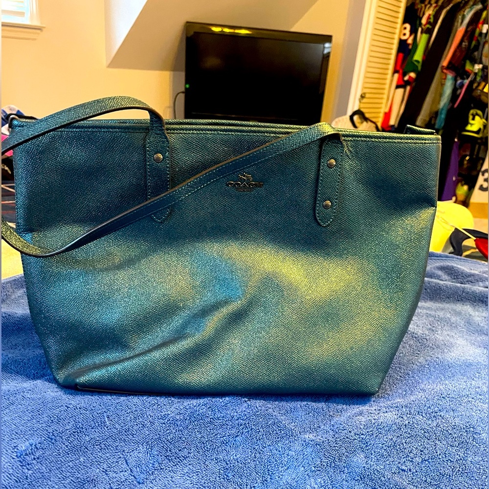 Coach Teal Metallic Tote Bag